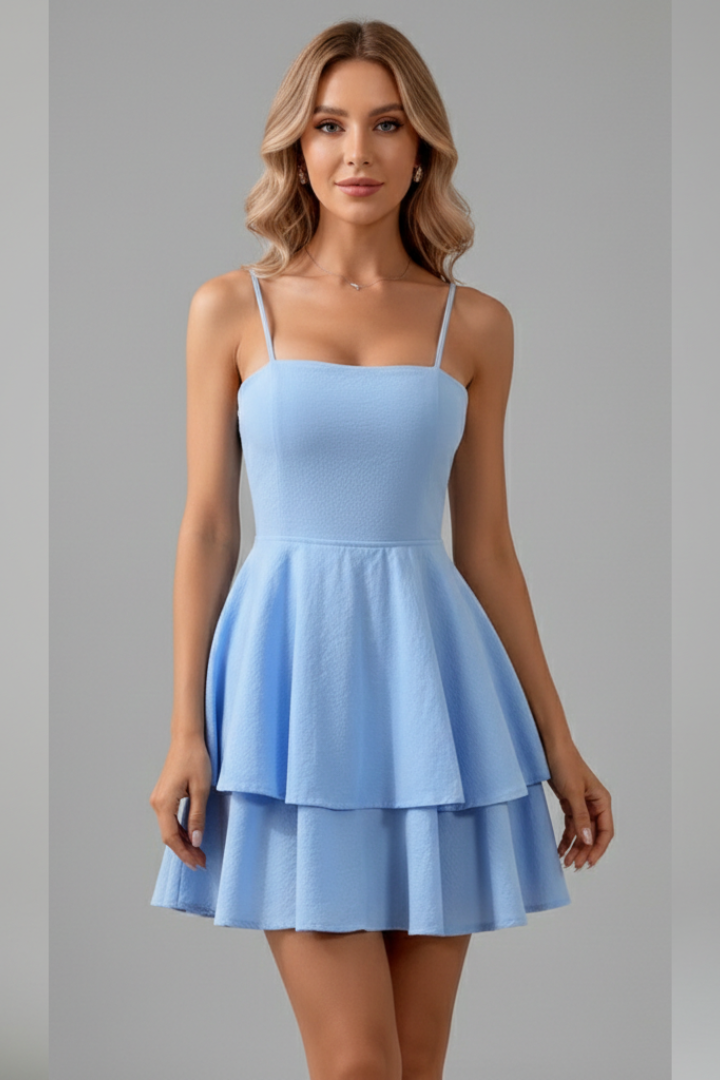 Women Mini Dress with Spaghetti Straps and Flared Skirt