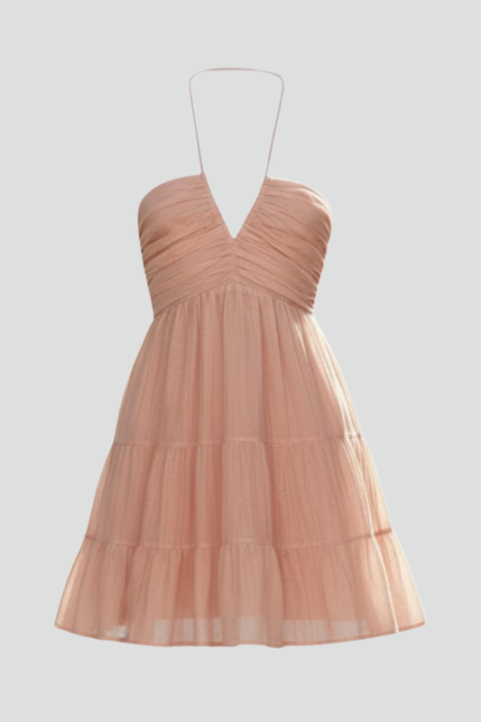 Women's Halter Mini Dress with Tiered Ruffle Skirt