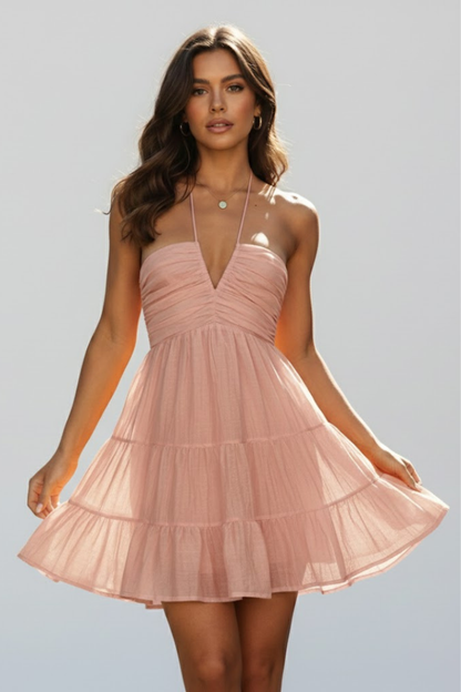Women's Halter Mini Dress with Tiered Ruffle Skirt