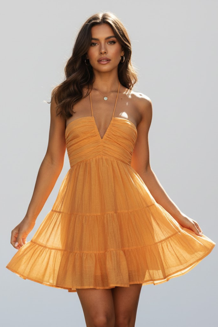 Women's Halter Mini Dress with Tiered Ruffle Skirt