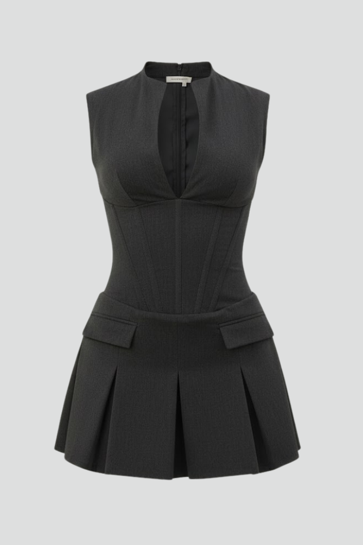 Women's Mini Dress with Pleated Skirt and Plunge Neckline