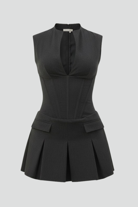 Women's Mini Dress with Pleated Skirt and Plunge Neckline