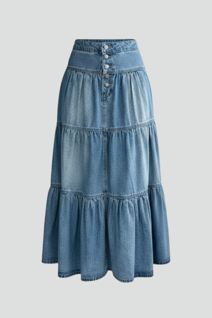 Women's Denim Maxi Skirt with Buttons and Tiers
