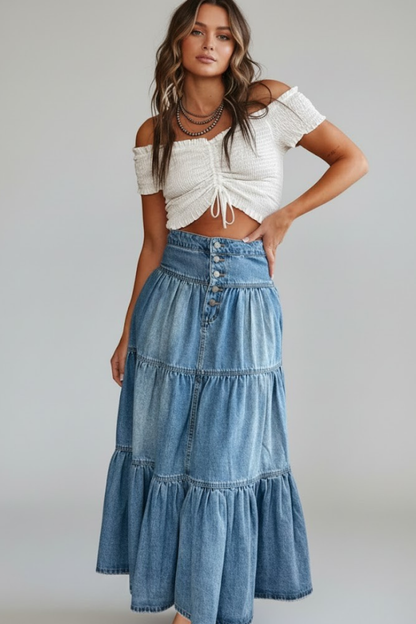 Women's Denim Maxi Skirt with Buttons and Tiers