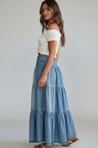 Women's Denim Maxi Skirt with Buttons and Tiers