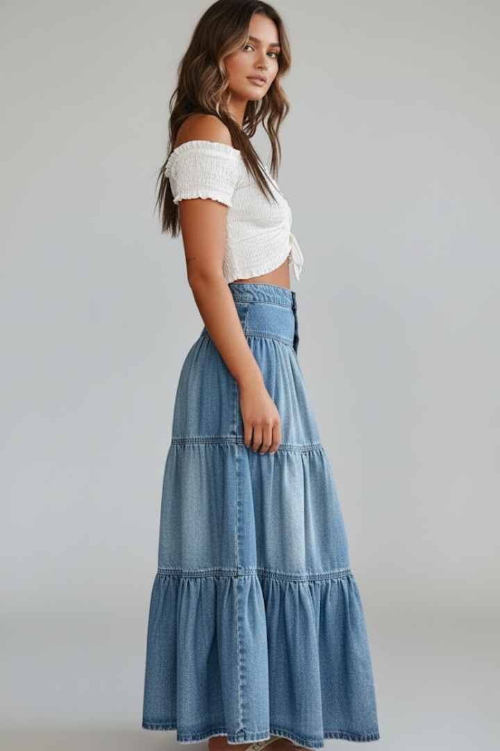 Women's Denim Maxi Skirt with Buttons and Tiers