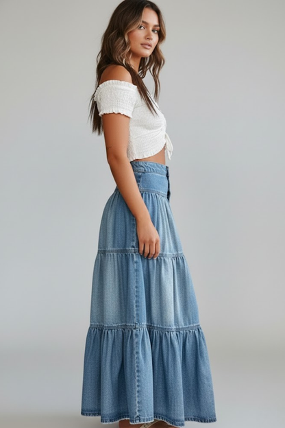 Women's Denim Maxi Skirt with Buttons and Tiers