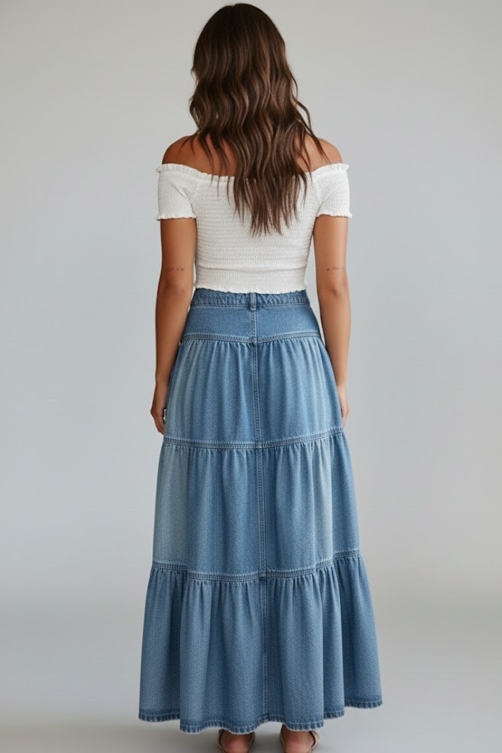 Women's Denim Maxi Skirt with Buttons and Tiers
