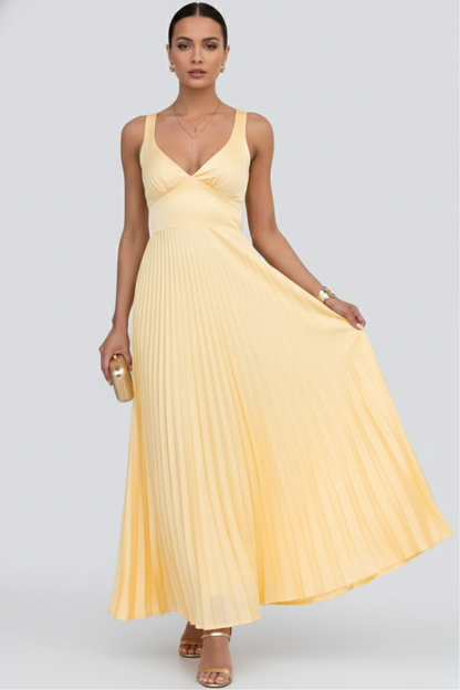 Women's Maxi Dress with Pleated Skirt and V‑Neck