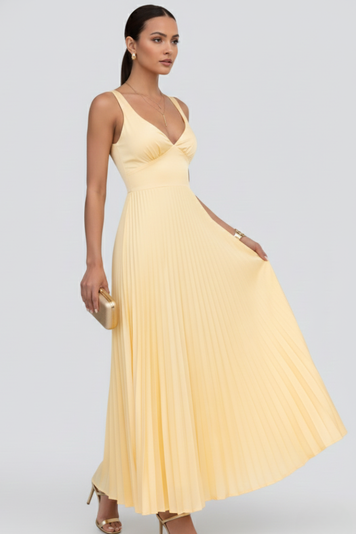 Women's Maxi Dress with Pleated Skirt and V‑Neck