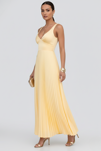 Women's Maxi Dress with Pleated Skirt and V‑Neck