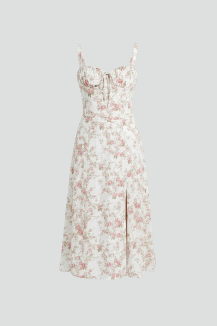 Women Midi Dress with Shoulder Straps and Patterned Skirt