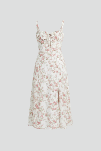 Women Midi Dress with Shoulder Straps and Patterned Skirt