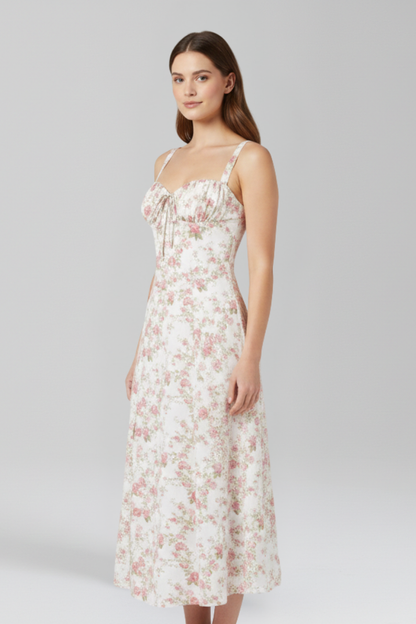 Women Midi Dress with Shoulder Straps and Patterned Skirt