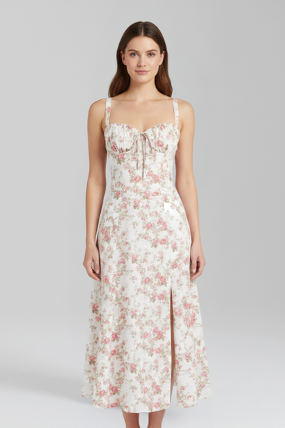 Women Midi Dress with Shoulder Straps and Patterned Skirt