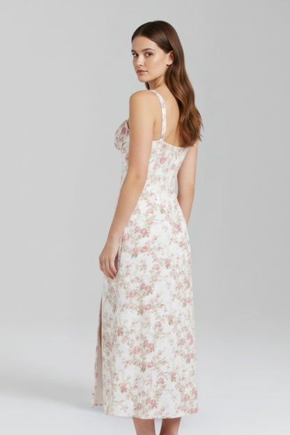 Women Midi Dress with Shoulder Straps and Patterned Skirt