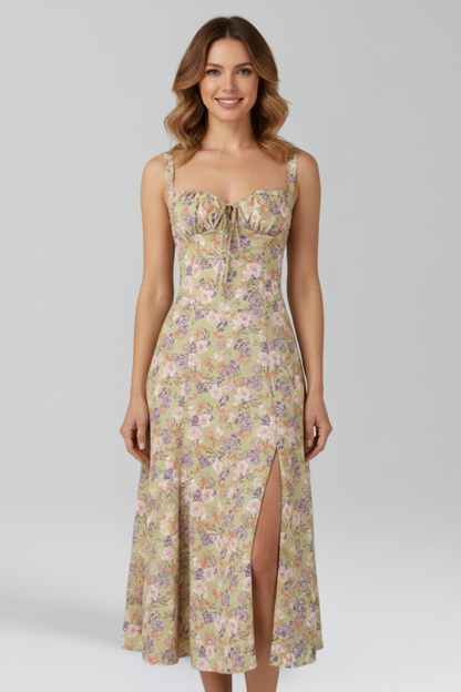 Women Midi Dress with Shoulder Straps and Patterned Skirt