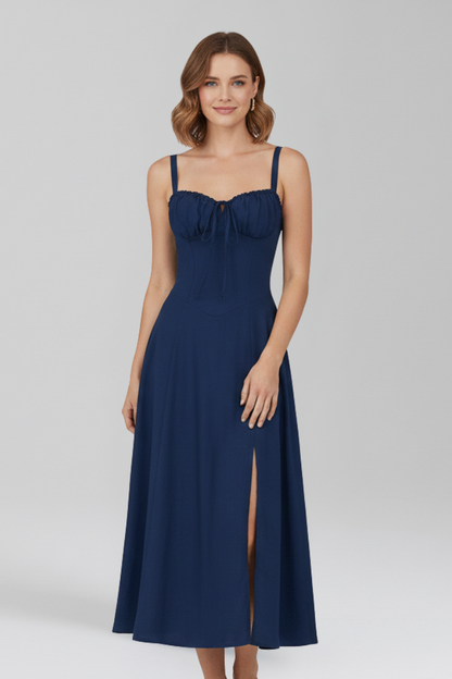 Women Midi Dress with Shoulder Straps and Patterned Skirt