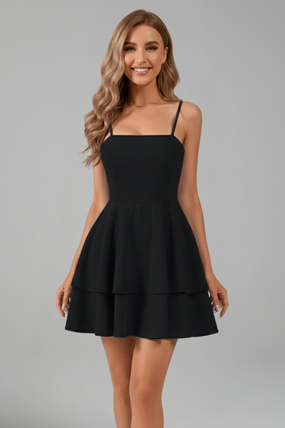 Women Mini Dress with Spaghetti Straps and Flared Skirt