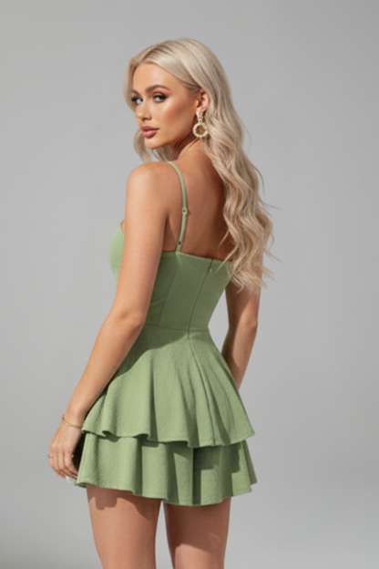 Women Mini Dress with Spaghetti Straps and Flared Skirt