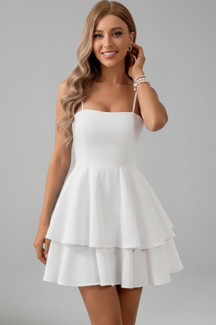 Women Mini Dress with Spaghetti Straps and Flared Skirt