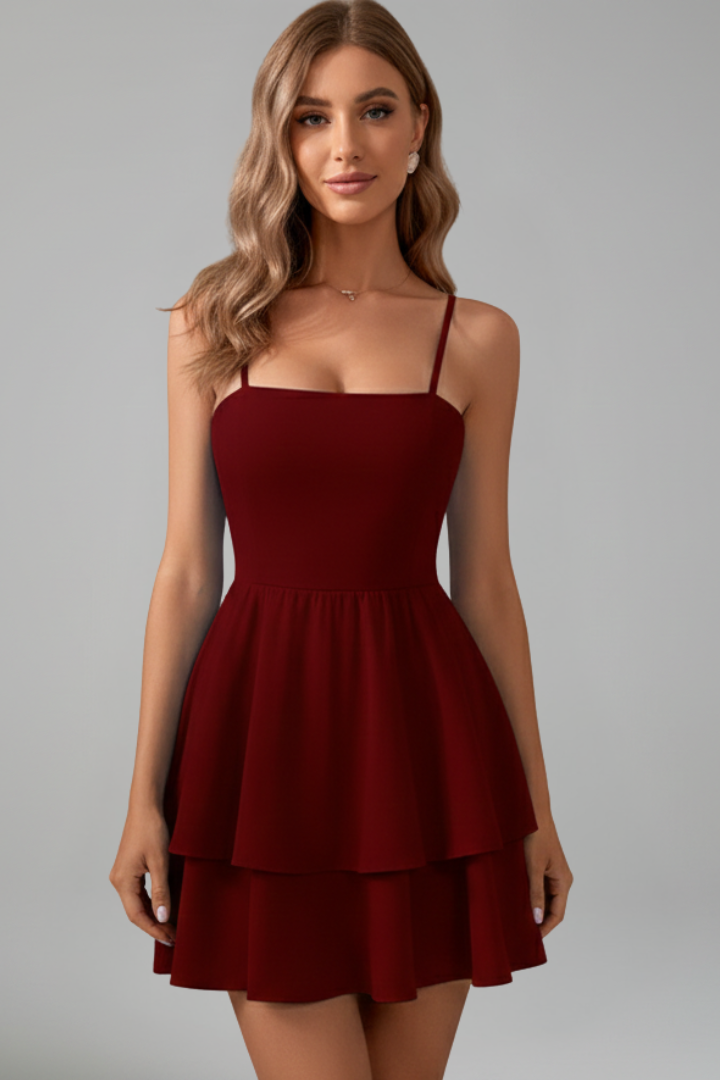 Women Mini Dress with Spaghetti Straps and Flared Skirt