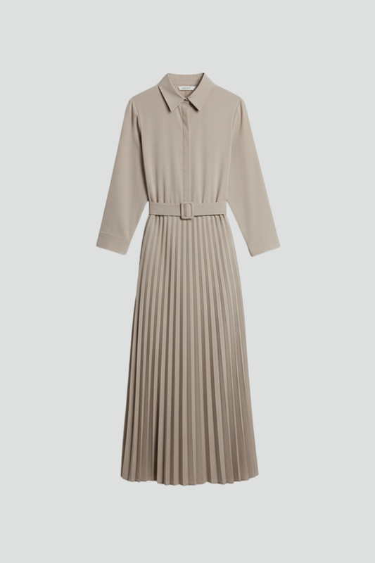 Women's Button-Up Midi Dress with Belted Waist and Pleated Skirt