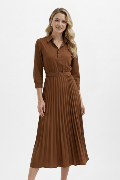 Women's Button-Up Midi Dress with Belted Waist and Pleated Skirt