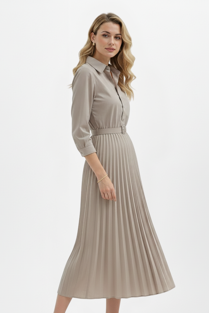 Women's Button-Up Midi Dress with Belted Waist and Pleated Skirt