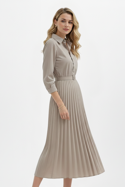 Women's Button-Up Midi Dress with Belted Waist and Pleated Skirt