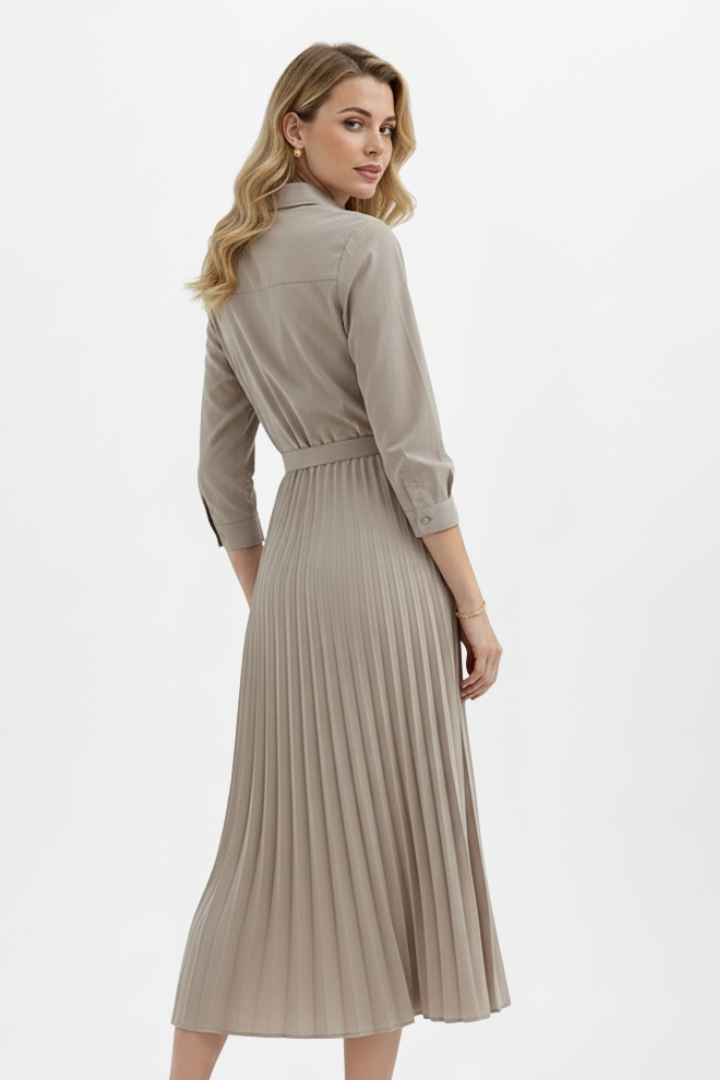 Women's Button-Up Midi Dress with Belted Waist and Pleated Skirt