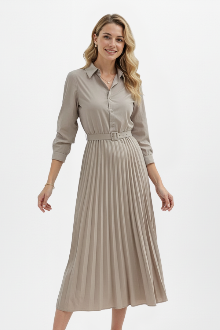 Women's Button-Up Midi Dress with Belted Waist and Pleated Skirt