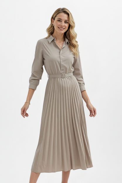Women's Button-Up Midi Dress with Belted Waist and Pleated Skirt