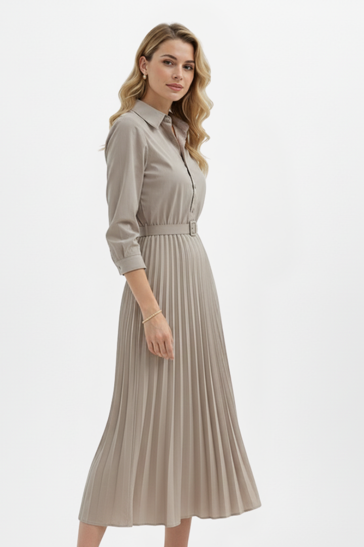 Women's Button-Up Midi Dress with Belted Waist and Pleated Skirt