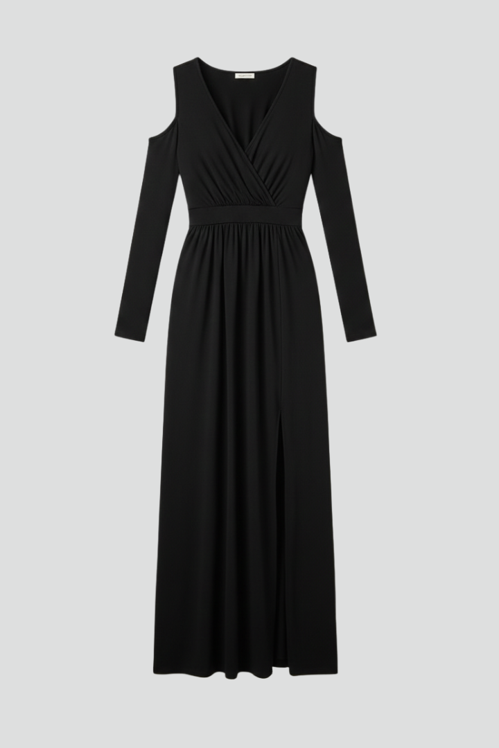 Women's Dress with Lace Appliques and Tiered Skirt with V Neckline and Side Slit