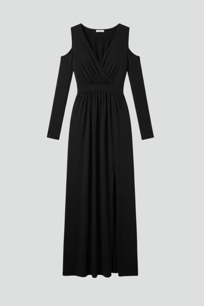 Women's Dress with Lace Appliques and Tiered Skirt with V Neckline and Side Slit