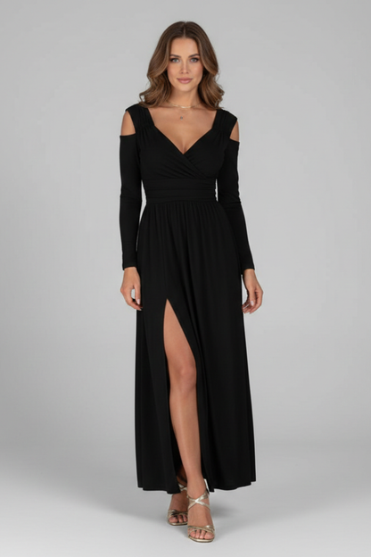 Women's Dress with Lace Appliques and Tiered Skirt with V Neckline and Side Slit