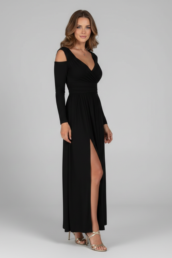 Women's Dress with Lace Appliques and Tiered Skirt with V Neckline and Side Slit