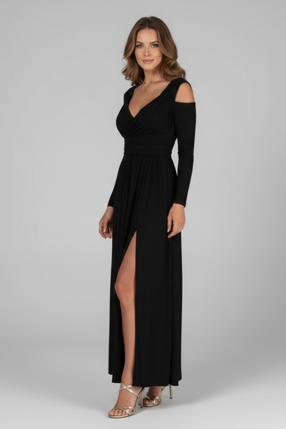 Women's Dress with Lace Appliques and Tiered Skirt with V Neckline and Side Slit