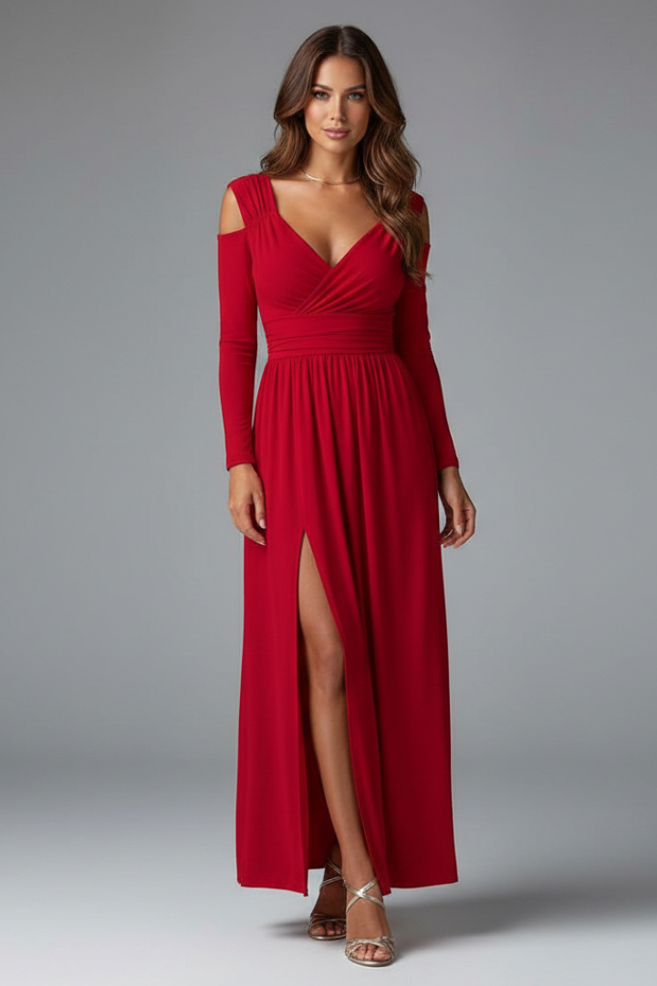 Women's Dress with Lace Appliques and Tiered Skirt with V Neckline and Side Slit