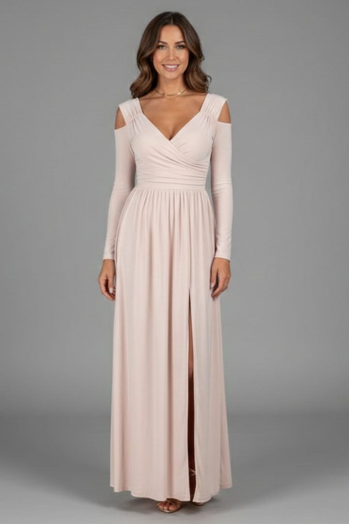 Women's Dress with Lace Appliques and Tiered Skirt with V Neckline and Side Slit