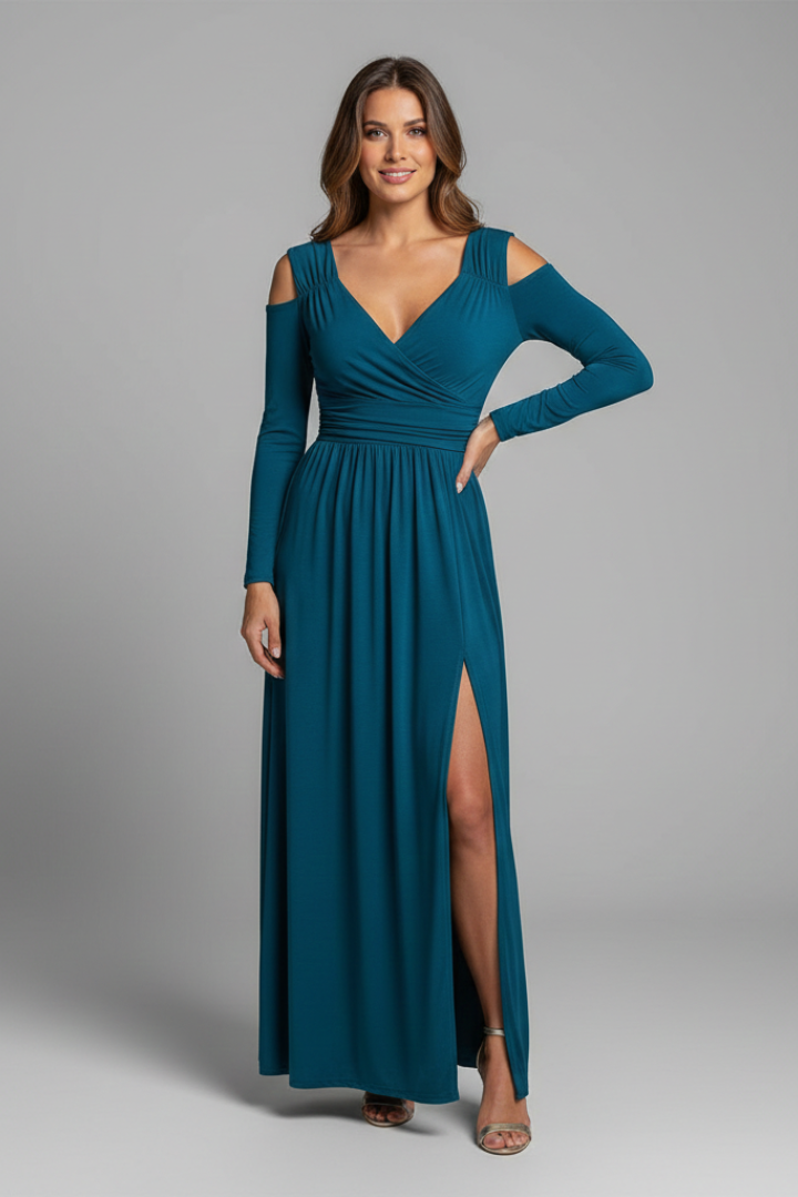 Women's Dress with Lace Appliques and Tiered Skirt with V Neckline and Side Slit