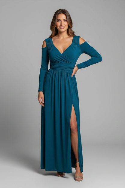 Women's Dress with Lace Appliques and Tiered Skirt with V Neckline and Side Slit