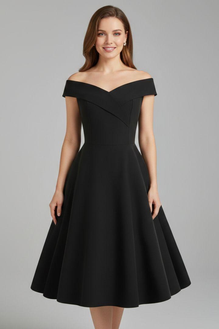 Women's Dress with Off-Shoulder Neckline and Flared Skirt