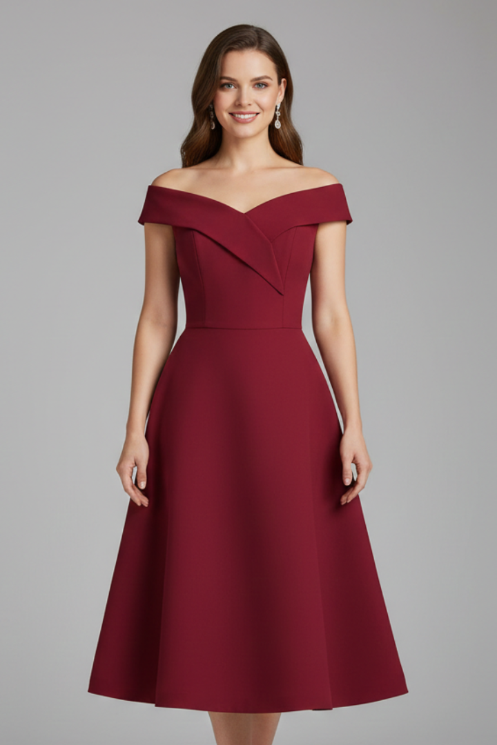 Women's Dress with Off-Shoulder Neckline and Flared Skirt