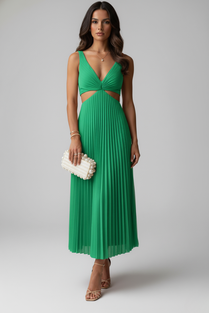 Women's Dress with V-Neck and Pleated Skirt