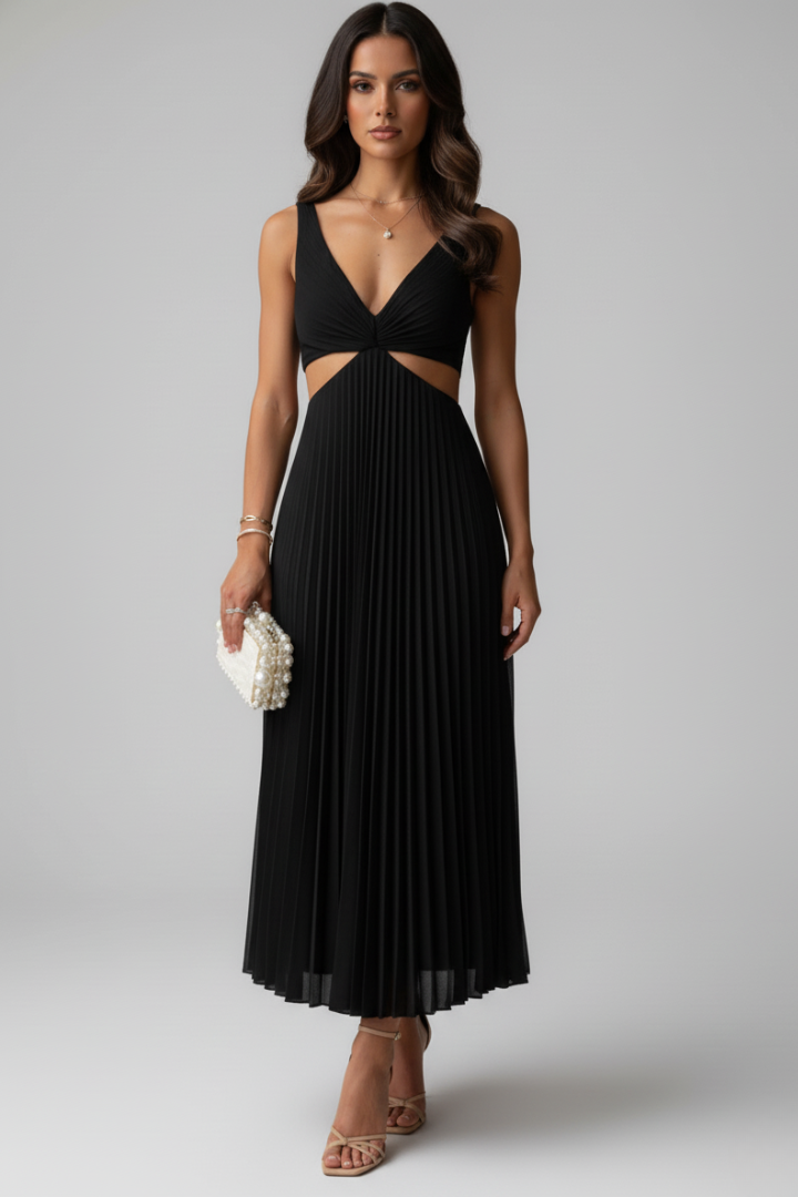 Women's Dress with V-Neck and Pleated Skirt