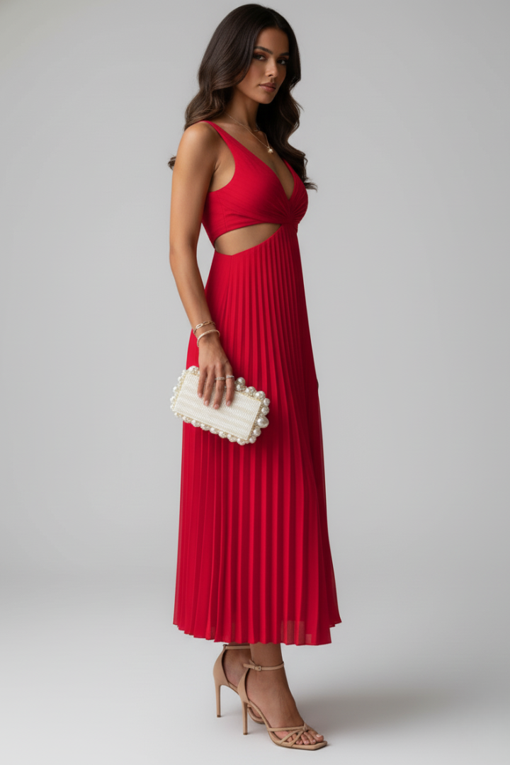 Women's Dress with V-Neck and Pleated Skirt