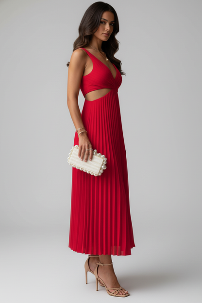 Women's Dress with V-Neck and Pleated Skirt