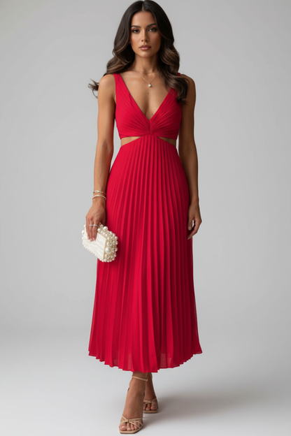 Women's Dress with V-Neck and Pleated Skirt